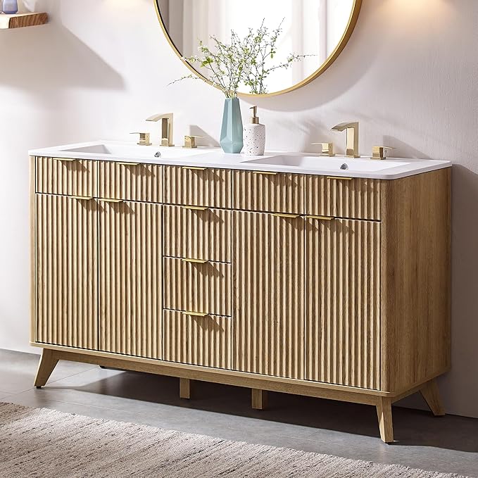 T4TREAM 60" Fluted Bathroom Vanity with Resin Sink Combo，Freestanding Modern Bathroom Storage Vanity Cabinet with Soft Closing Doors & 3 Drawers，Wood Grain Texture，Metal Handle，Natural Oak