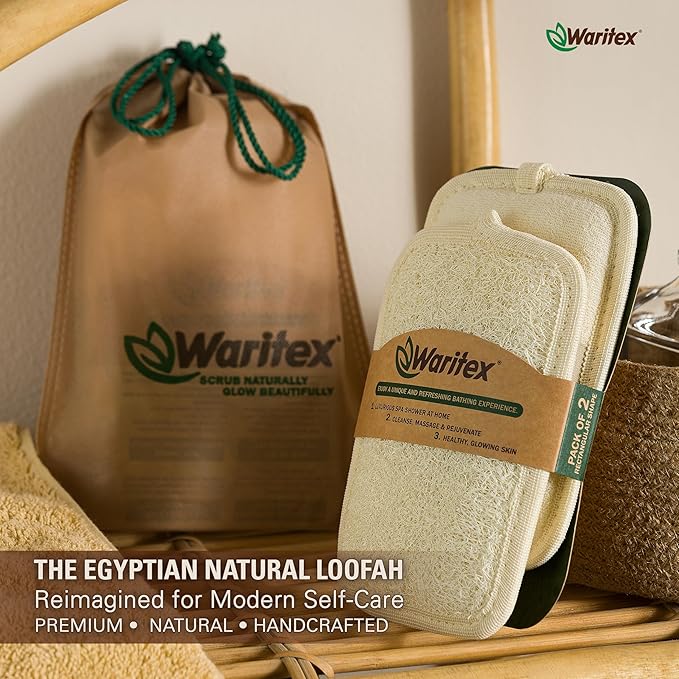Waritex Egyptian Loofah Rectangular Body Scrubbers with Hand Strap, Exfoliating Bath Pads Made from Natural Egyptian Loofah Fibers, Gentle Deep Cleansing for Men and Women in Shower 2 Count (1 Pack)