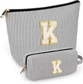 2 PCS Initial Makeup Bags for Women: Cosmetic Bag for Travel Toiletry - Birthday Gifts for 11 12 13 14 15 16 17 18 Years Old Girl Graduation Teacher Gift- Teen Girl Gifts Trendy Stuff - Black K