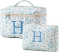HBselect 2Pcs Initial Makeup Bag, Quilted Makeup Bag, Cotton Large Travel Makeup Bag, Cute Floral Coquette Make up Bag Cosmetic Bag Toiletry Bag for Women Girls H