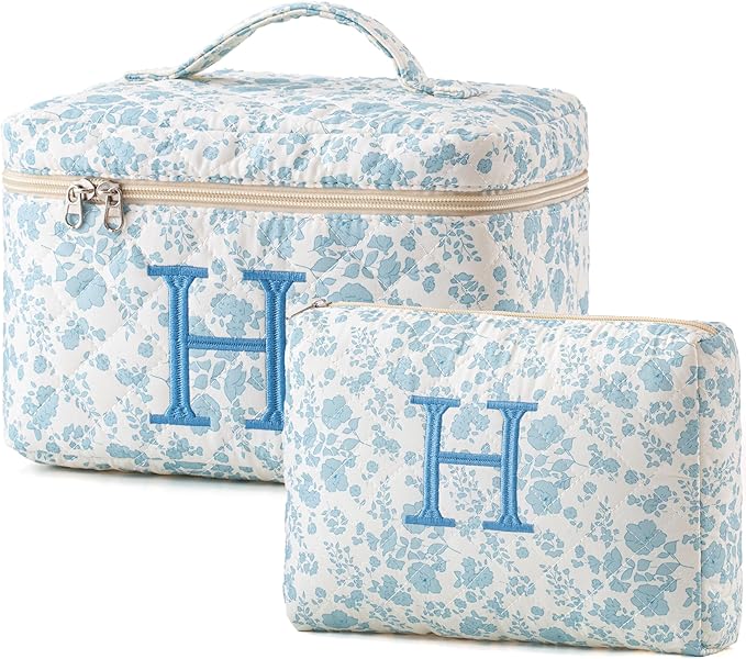 HBselect 2Pcs Initial Makeup Bag, Quilted Makeup Bag, Cotton Large Travel Makeup Bag, Cute Floral Coquette Make up Bag Cosmetic Bag Toiletry Bag for Women Girls H