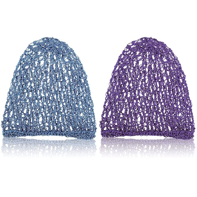 Waydress 2 Pieces Mesh Hair Net Rayon Knit Snood Women Crocheted Sleep Cap (Purple and Blue)