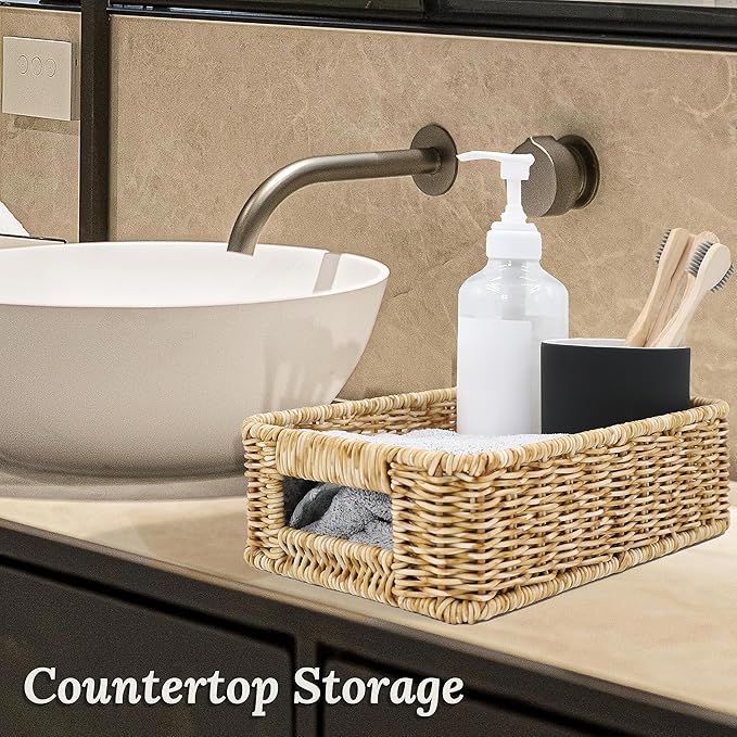 Baskets for Organizing, Small Wicker, Storage Bins for Bathroom and Toilet Paper Rolls, Hand Woven Tank Topper with Handle, Set of 2, Oat Milk