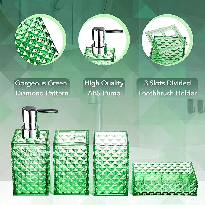 Bathroom Accessory Set, 4 PCS Green Bathroom Accessories Sets, Diamond Pattern Bathroom Soap Dispenser and Toothbrush Holder Sets Accessories Contain Soap Dish Tumbler, Boho Bathroom Décor