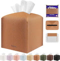 Tissue Box Cover Holder Square Tissue Cube Cover PU Leather Tissue Organizer with Bottom Belt for Bathroom, Tabletop, Car, Night Stands, Office, Home, Kitchen (1, Brown)