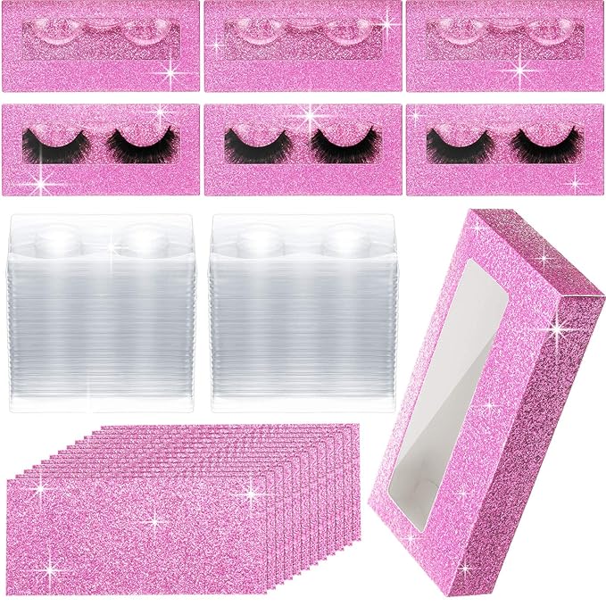 Maitys 50 Sets Empty Lash Case Set, Include Empty Eyelash Box Packaging Storage Box, Eyelash Boxes Tray False Storage, Internal Background Paper(Pink)