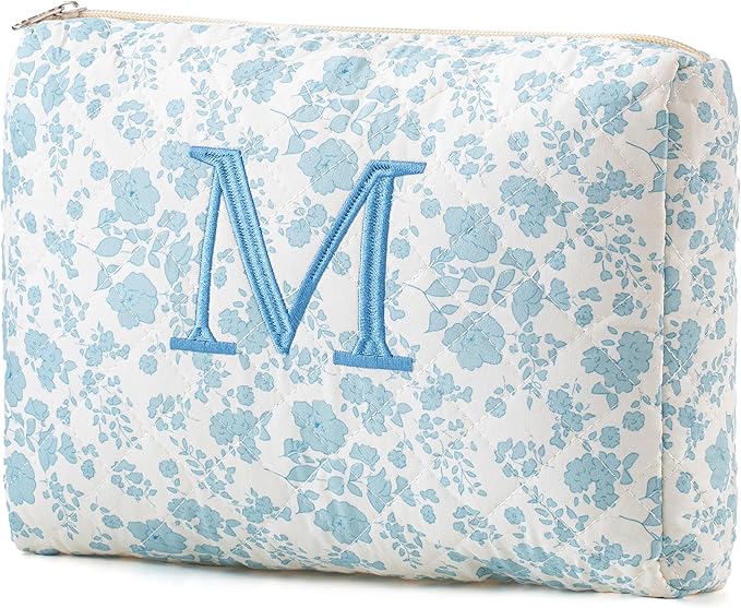 HBselect Initial Quilted Makeup Bag, Cotton Large Travel Makeup Bag, Cute Floral Coquette Make up Bag Cosmetic Bag Toiletry Bag for Women Girls M
