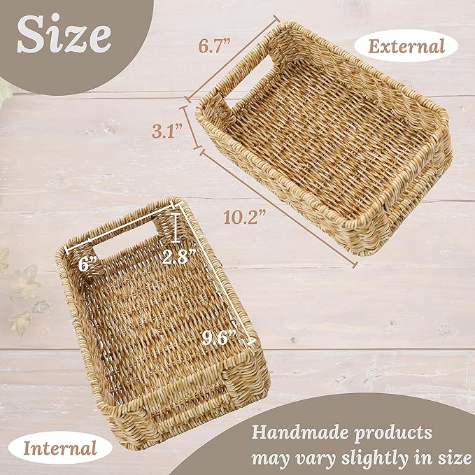 Baskets for Organizing, Small Wicker, Storage Bins for Bathroom and Toilet Paper Rolls, Hand Woven Tank Topper with Handle, Set of 2, Oat Milk