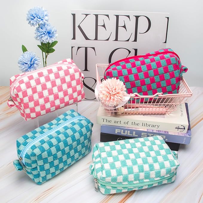 PAZIMIIK Checkered Makeup Bag for Purse Portable Zipper Make Up Pouch Small Cosmetic Case for Travel Accessories (6PCS Magenta Green)