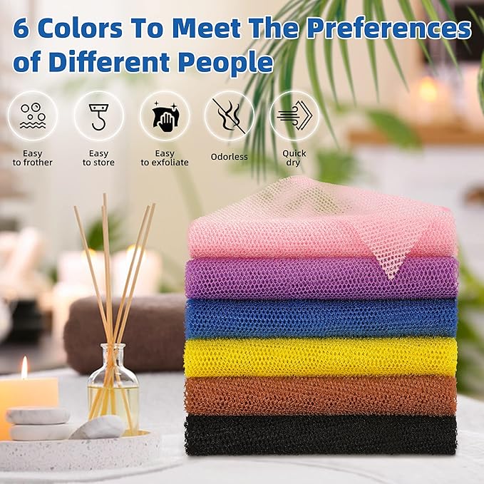 BHYTAKI 6 Pieces African Net Sponge African Exfoliating Net Long African Bath Sponge Washcloth Shower Net African Body Scrubber Net for Skin Smoother Daily Use(Pink,Yellow,Purple,Black,Blue,Brown)