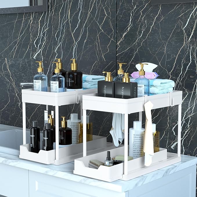 2 Pack Under Sink Organizer, 2 Tier Bathroom Cabinet Organizer with Sliding Basket, Multi-Purpose Under Sink Organizers and Storage for Bathroom Kitchen (White 2 Pack)