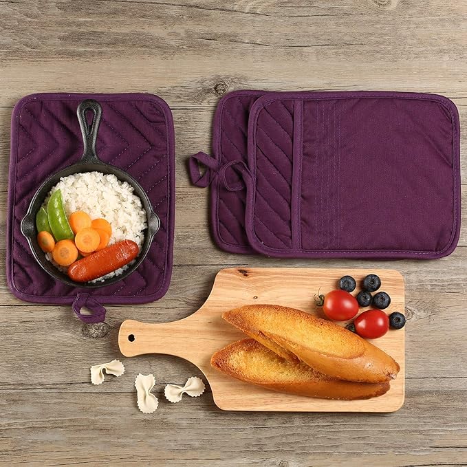 Cotton Pocket Pot Holders Machine Washable Heat Resistant Hot Pads for Kitchen Square Purple Oven Mitts 7"x9" Set of 3