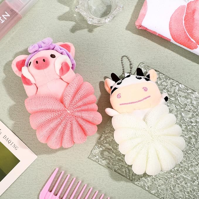 Vesici 2 Pcs Loofahs for Kids Children's Bath Loofahs Girls Toddler Cute Cartoon Bath Sponges Loofah Pouf Body Scrubber Mesh Sponges for Shower Washing Exfoliating(Pig,Cow)