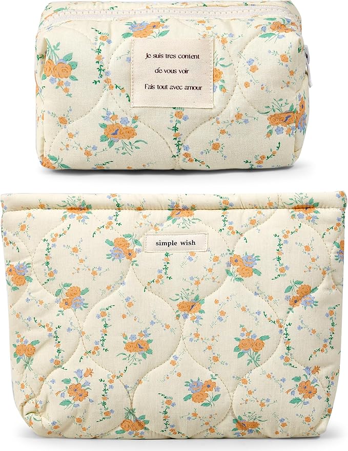 2 Pieces Floral Makeup Bag, Cute Travel Quilted Pouch Cosmetic Bag Organizer, Small Cotton Coquette Aesthetic Purse Toiletry Bag for Women Girls accessories (2PCS-Beige Floral)