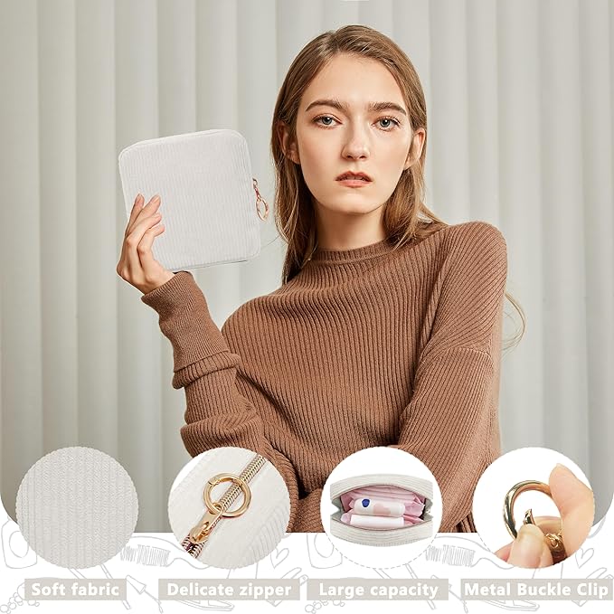 Period Bag for Girls, Corduroy Sanitary Napkin Storage Bag, Period Pouch & Tampon Holder, Feminine Care Organizer（Beige）
