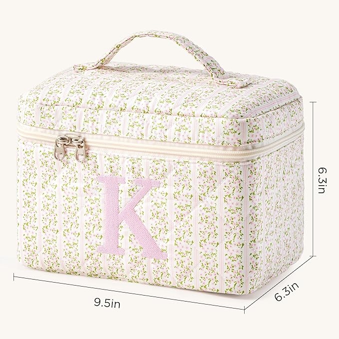 HBselect Initial Quilted Makeup Bag, Pink Cosmetic Travel Toiletry Bag, Flowers Coquette Zipper Make Up Pouch Organizer Teen Girl Gift Trendy Stuff K