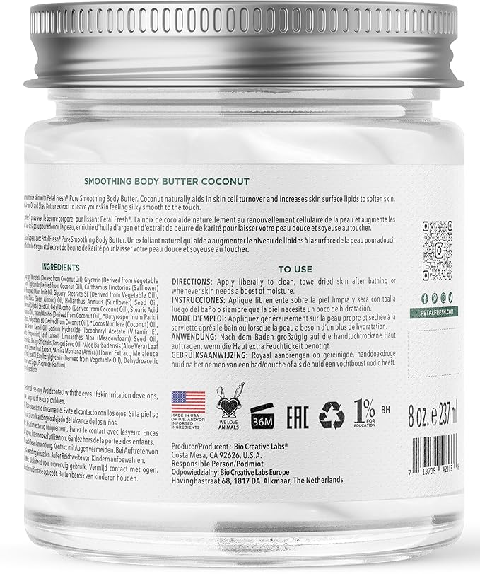 Petal Fresh Pure Smoothing Coconut Body Butter, Organic Argan Oil, Shea Butter, Intense Hydration, For All Skin Types, Natural Ingredients, Vegan and Cruelty Free, 8 oz