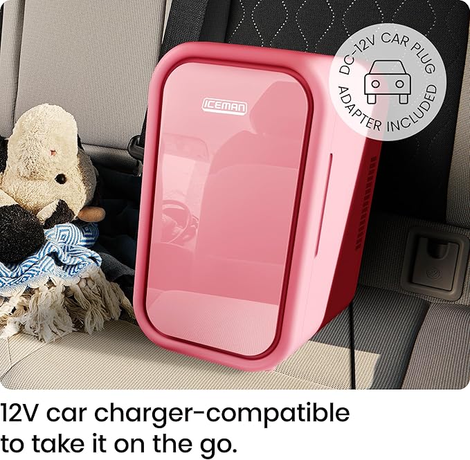 Iceman Portable Mini Fridge – Fits 8 x 12 oz Cans, Cooler and Heater Mini Fridge for Bedroom, Car, Office, Dorm and Skincare, AC/DC Car Plug-Compatible - Pink
