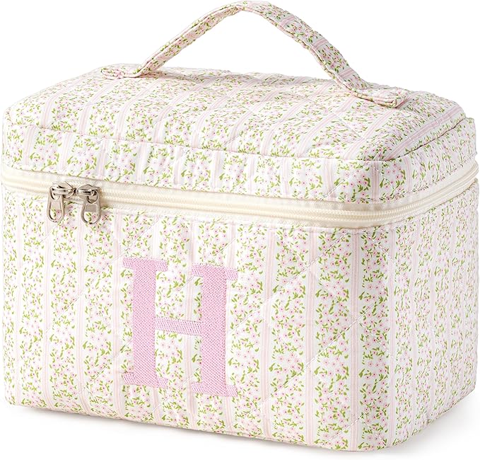 HBselect Initial Quilted Makeup Bag, Pink Cosmetic Travel Toiletry Bag, Flowers Coquette Zipper Make Up Pouch Organizer Teen Girl Gift Trendy Stuff H