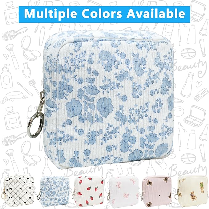 Period Bag for Girls, Corduroy Sanitary Napkin Storage Bag, Period Pouch & Tampon Holder, Feminine Care Organizer（Blue Flower）
