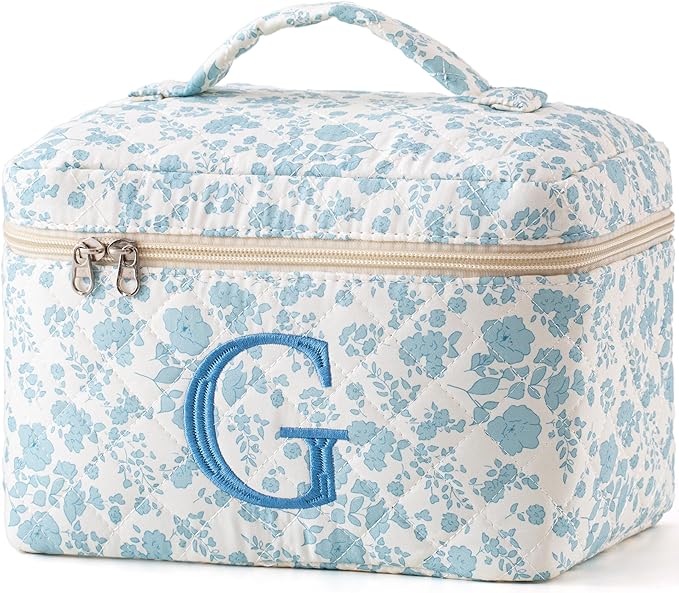 HBselect Initial Quilted Makeup Bag, Cotton Large Travel Make up Bag, Cute Floral Coquette Cosmetic Bag Toiletry Bag for Women Girls G