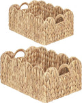 Scalloped Wicker Basket, Set of 2 Woven Rattan Natural Water Hyacinth Baskets with Built-in Handles, Rectangle Storage Baskets for Organizing, Decor, Shelf and Nursery Room