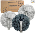 myHomeBody 60g Loofah Sponge, Body Scrubber, Bath Sponge, Loofah for Women, Men, Exfoliating Sponge Shower Pouf with Activated Charcoal - 2 Fog Gray + 1 Midnight Blue, 3 Pack