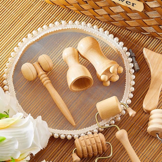 Boao 7 Pcs Wood Therapy Massage Tools Set, Wooden Face Massage Tool & Roller Kit for Lymphatic Drainage Care, at-Home Relaxation & Facial Care Tools, Natural Wood