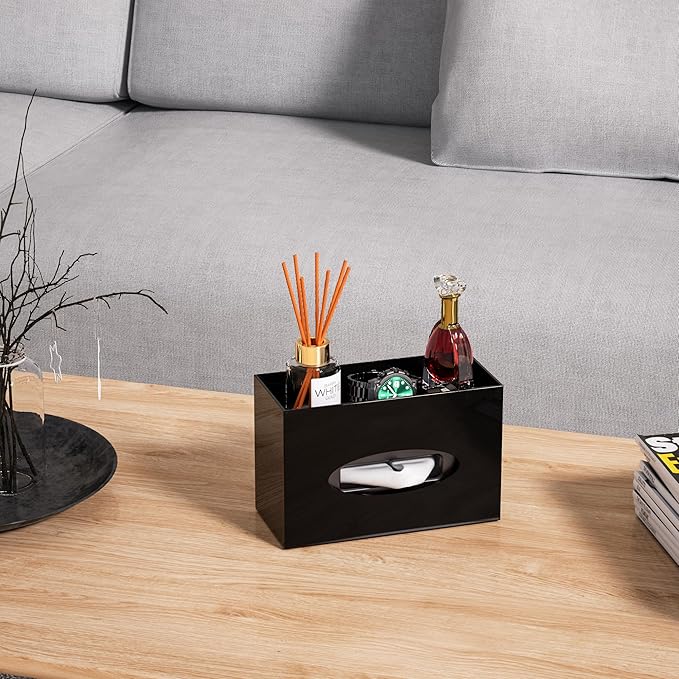 Black Acrylic Tissue Box Cover Rectangular,Acrylic Tissue Dispenser with Storage Tray for Bathroom Kitchen Home Office (Black, 9.85x4.5x6.3)