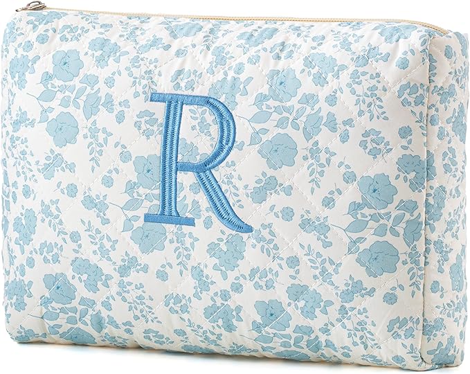 HBselect Initial Quilted Makeup Bag, Cotton Large Travel Makeup Bag, Cute Floral Coquette Make up Bag Cosmetic Bag Toiletry Bag for Women Girls R