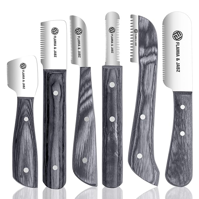 FJ Professional Stripping Knife kit (6 pieces set) for Dogs & Pets, Wooden Handle Grip with Stainless Steel Blade (Right handed) (Black)