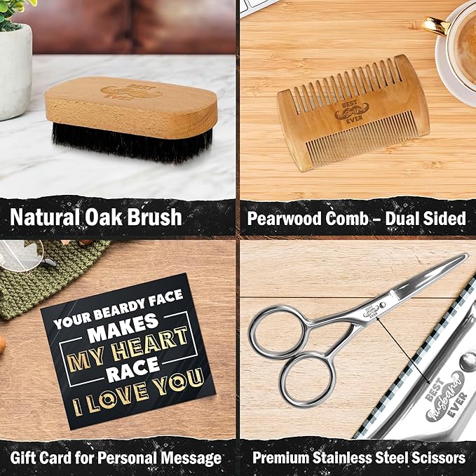 Husband Gifts for Him - Beard Kit for Men Grooming and Care with Brush, Comb, Scissors & Storage Bag - Husband Birthday Gift Ideas, Anniversary Retirement Birthday Gifts for Men