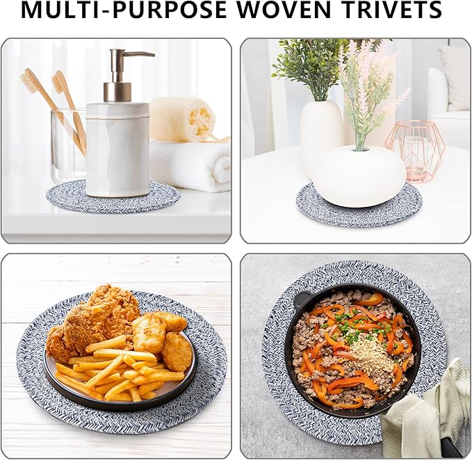 Coga Trivets for Hot Dishes, Trivets for Hot Pots and Pans, 7 Inchs Hot Pads 5 Pcs and Storage Basket for Countertops, Pot Holders for Kitchen, Cotton Table Protector Hot Mats Heat Resistant (Blue)