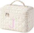 HBselect Initial Quilted Makeup Bag, Pink Cosmetic Travel Toiletry Bag, Flowers Coquette Zipper Make Up Pouch Organizer Teen Girl Gift Trendy Stuff J
