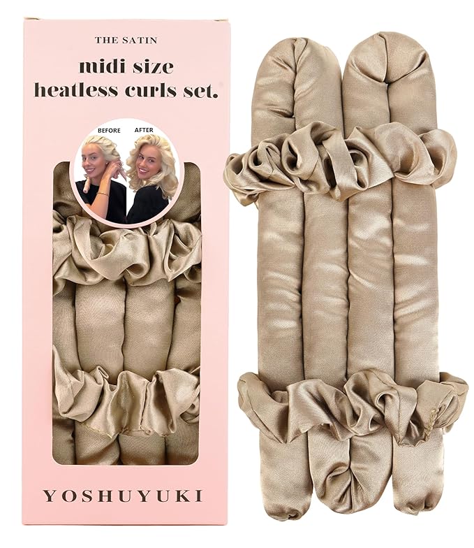 Midi Heatless Curls Overnight Hair Curlers to Sleep In Small Hair Rollers for Short Medium Hair No Heat Overnight Curls, Soft Satin Flexi Rods Heatless Curling Rod Set Styling Tools for Women