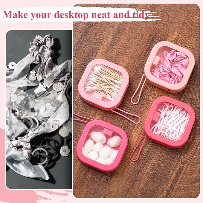 Kathfly 4 Pcs Pink Color Hair Tie Organizer Portable Hair Accessory Storage Containers Stackable Tie Bobby Pin Holder Home Cotton Swab Dispenser Accessories Jewelry Organizer Box
