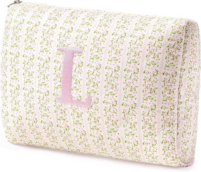 HBselect Initial Quilted Makeup Bag, Pink Cosmetic Travel Toiletry Bag, Flowers Coquette Zipper Make Up Pouch Organizer Teen Girl Gift Trendy Stuff L