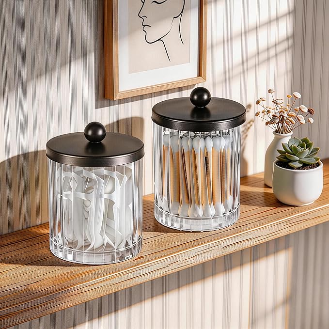Amolliar Apothecary Jars Bathroom Vanity Storage Organizer Set, Countertop Canister with Stainless Steel Lid & Cute Stickers, Qtip Holder Dispenser for Cotton Swabs, Balls, Makeup Pads(Bronze, 2 Pack)