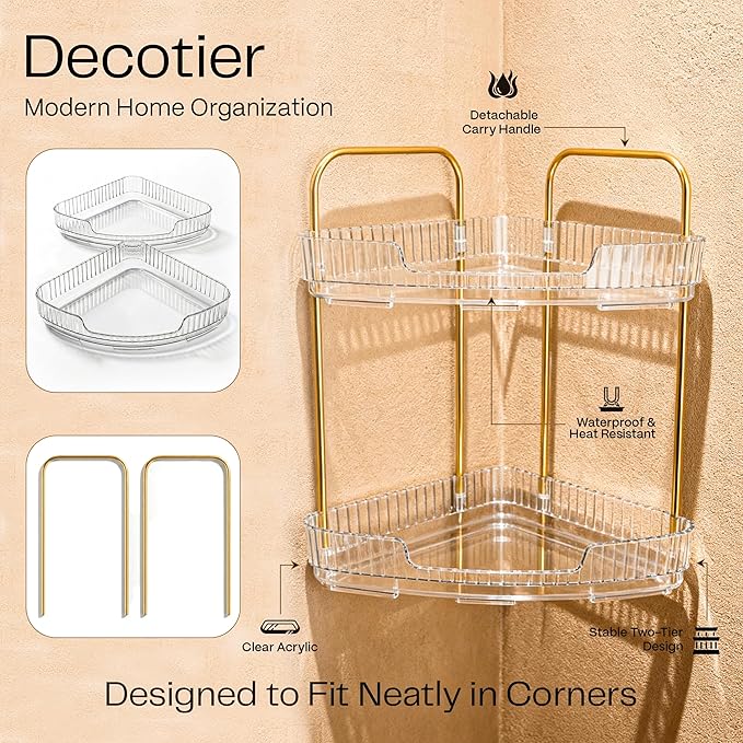 2-Tier Acrylic Corner Bathroom Organizer with Handle – Round Skincare & Makeup Storage Tray, Waterproof, Lightweight, Heat Resistant Vanity Shelf for Countertop, Kitchen, Bedroom, Dresser