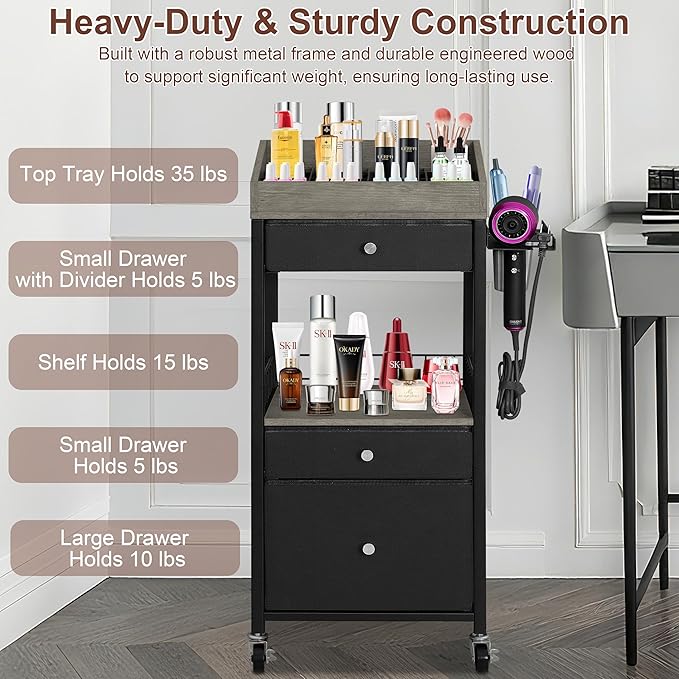 Makeup Organizer Cart with 3 Drawers & Detachable Hair Tool Holder, Rolling Cosmetic Storage Cart with Adjustable Dividers, Lockable Wheels for Bathroom, Bedroom Vanity, Black & Grey