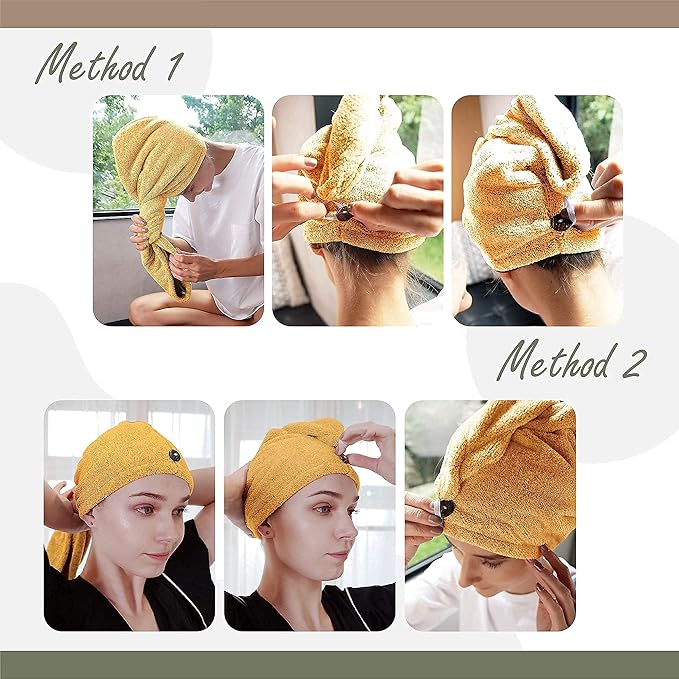 myHomeBody Hair Towel Wrap, Luxury Quick Drying Turban, Ultra Soft Absorbent Charcoal Fiber Cap, with Coconut Shell Button– Mango
