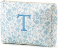 HBselect Initial Quilted Makeup Bag, Cotton Large Travel Makeup Bag, Cute Floral Coquette Make up Bag Cosmetic Bag Toiletry Bag for Women Girls T