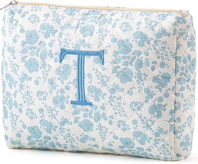 HBselect Initial Quilted Makeup Bag, Cotton Large Travel Makeup Bag, Cute Floral Coquette Make up Bag Cosmetic Bag Toiletry Bag for Women Girls T
