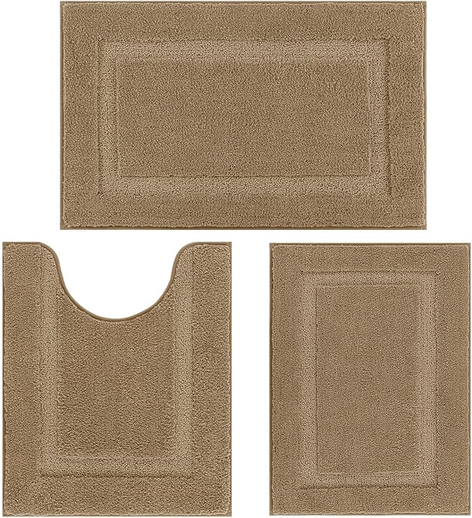 SHACOS Soft Fluffy Bathroom Rugs Set of 3 Pieces Bath Mats with U Shape Toilet Rugs Non Slip Washable Bath Rugs Absorbent Bathroom Accessories Carpet for Shower Tub, Khaki