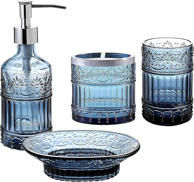4-Piece Bathroom Accessories Set - Blue Glass Decor Set - WHOLE HOUSEWARES Soap Dispenser, Toothbrush Holder, Vanity Tray and Jar - Elegant Boho Bathroom Countertop Organizer