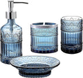 4-Piece Bathroom Accessories Set - Blue Glass Decor Set - WHOLE HOUSEWARES Soap Dispenser, Toothbrush Holder, Vanity Tray and Jar - Elegant Boho Bathroom Countertop Organizer