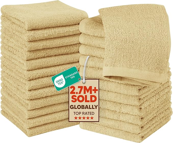 Utopia Towels 24 Pack Cotton Washcloths Set, 100% Ring Spun Cotton, Premium Quality Flannel Face Cloths, Highly Absorbent and Soft Feel Fingertip Towels, Beige