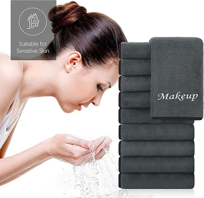 Cosy Family 20 Pack Makeup Remover Wash Cloths - Soft Microfiber Fingertip Facial Cleansing Cloths for Hand and Make Up, 12 x 12 in, Black Grey