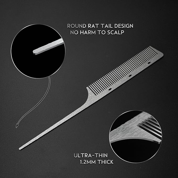 2 Pcs 304 Stainless Steel Metal comb, anti-static, heat-resistant, Ultra-thin, Metal Teasing Comb with Pick, Rat Tail Comb, Wood Grain Design