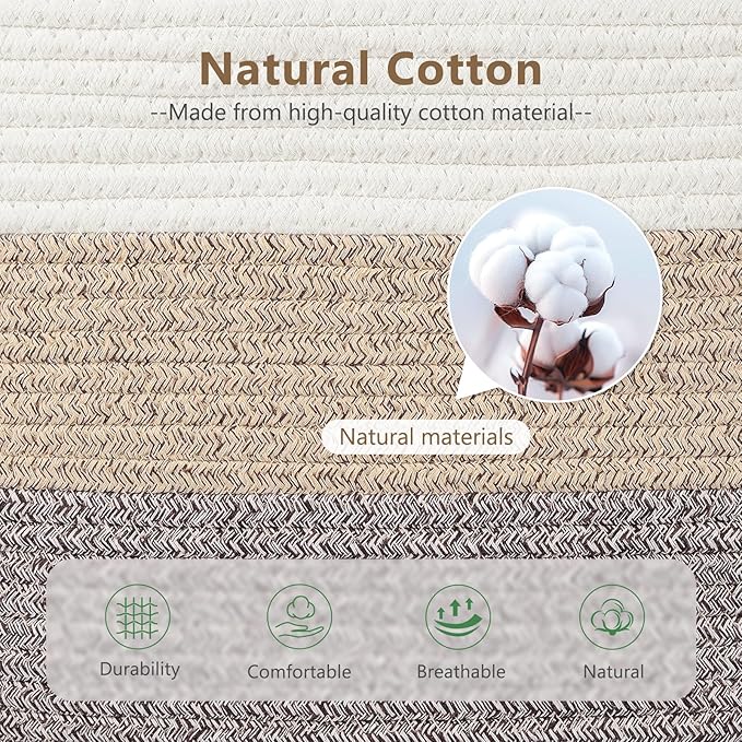 Cotton Rope Storage Basket, 15x10x9 Inches, Woven Basket for Shelves, Clothes, Towels, Books, and Laundry, White Brown (2 Pack)